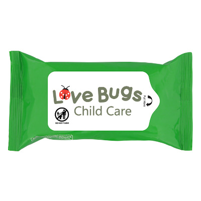Green hand wipes with custom logo.