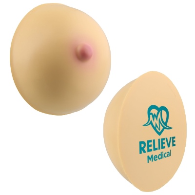 Beige foam stress ball with a branded logo.