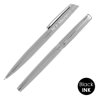 Custom gunmetal writing set with engraved logo.