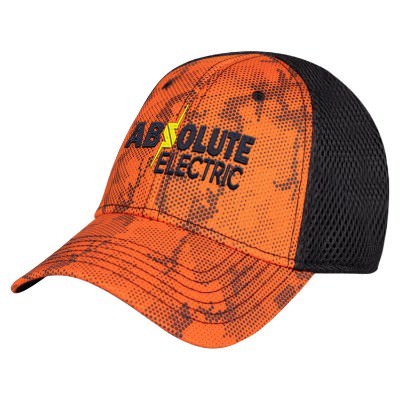 Custom orange and black embroidered mesh back cap.