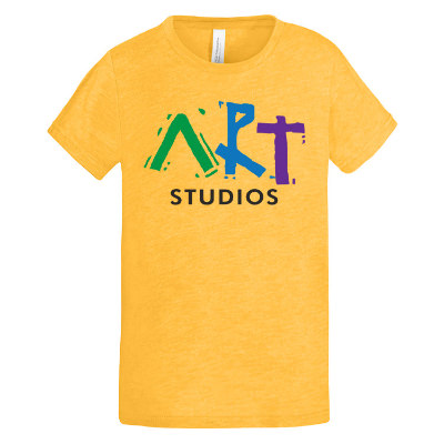 Yellow gold triblend tee with custom full color logo.