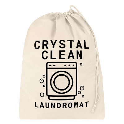 Natural canvas laundry bag with a custom imprint.