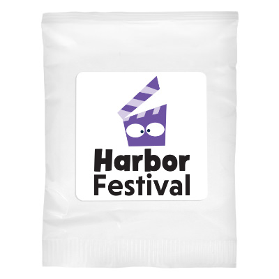 White plastic drink mix pack with a custom logo.