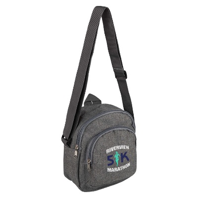Gray mini sling bag with promotional full-color imprint.