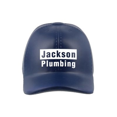 Navy blue foam stress ball with a custom logo.