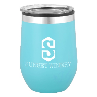 Stainless matte aqua wine tumbler with custom logo.