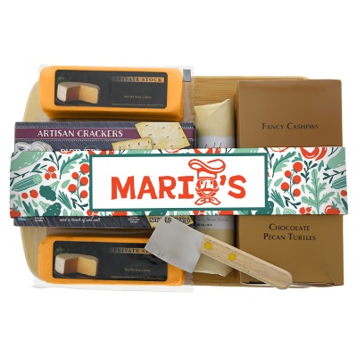 Tan bamboo charcuterie board with a personalized logo.