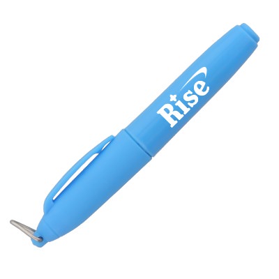 Blue plastic highlighter with a personalized imprint.