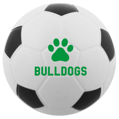 Black and white foam soccer stress ball with printed logo.