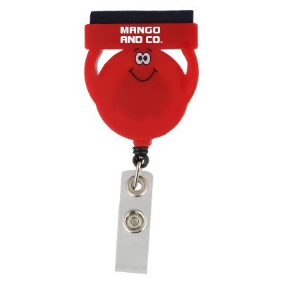 White badge holder and screen cleaner with goofy face with custom imprint.