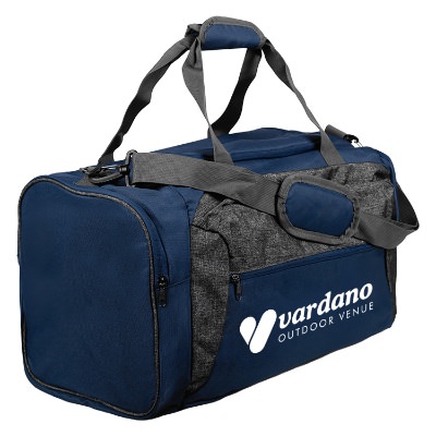 Blue with gray accent duffel bag with white imprint.