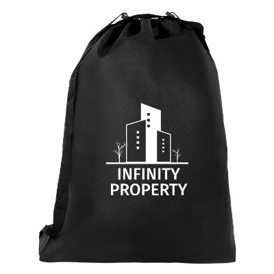 Black polypropylene laundry bag with a custom logo.