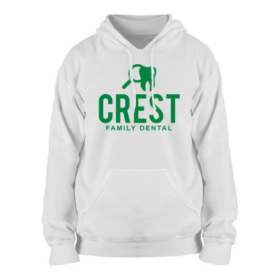 Custom imprinted white hooded sweatshirt.