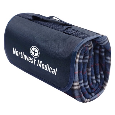 Customizable patterned polyester blanket that can fold within itself with attached handle.