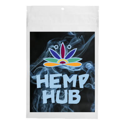 White barrier bag with custom full color imprint.