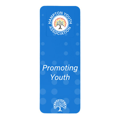 White paper bookmark with a custom logo.