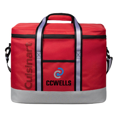 Red polyester cooler with a personalized imprint.