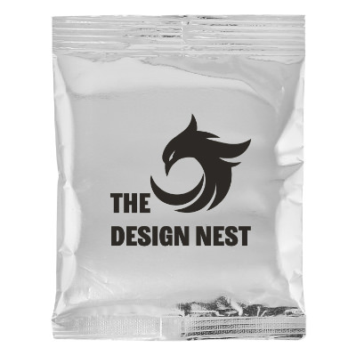 Silver plastic drink mix pack with a custom logo.