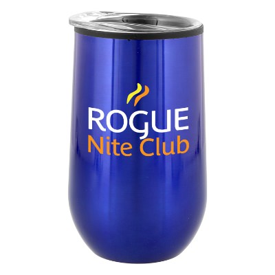 Blue stemless wine glass with custom full color logo.