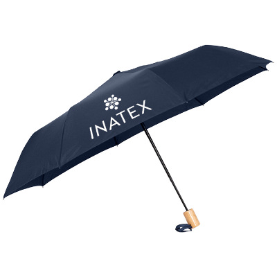 Personalized navy recycled folding auto open umbrella.