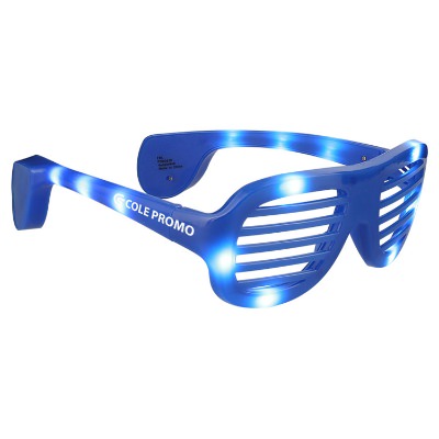 Plastic green slotted light up glasses with printed logo.