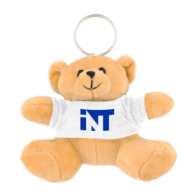 Plush and cotton bear key chain with white shirt custom logo.