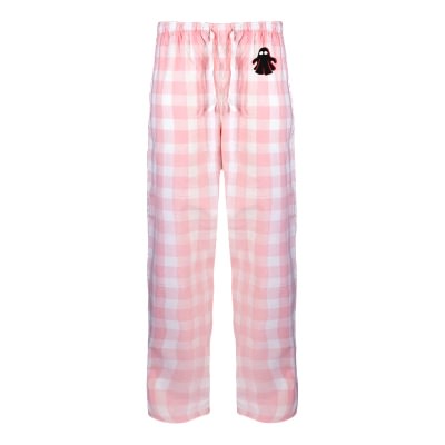 Custom embroidered logo on light pink with white buffalo check flannel pant.