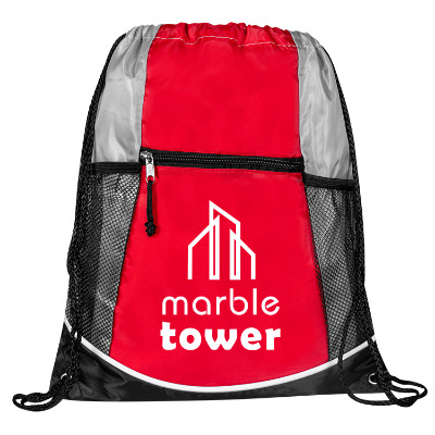 Customizable red polyester drawstring bag with a zipper pouch and two mesh pockets.