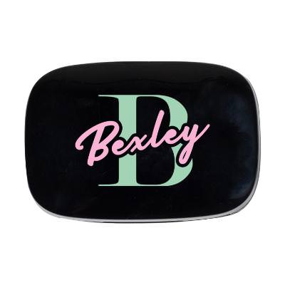 Black plastic headphones with a personalized imprint.