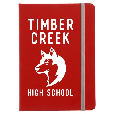 Red stone paper journal with gray strap and personalized logo.