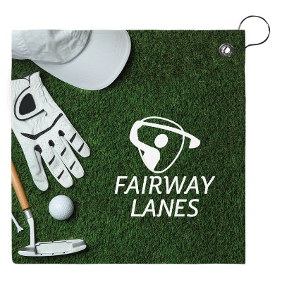 Golf towel with custom sublimated logo.