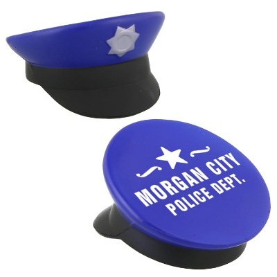 Blue foam stress ball with a custom logo.