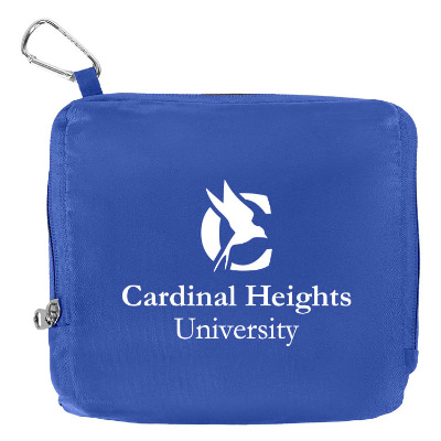 Blue polyester laundry bag with a branded logo.