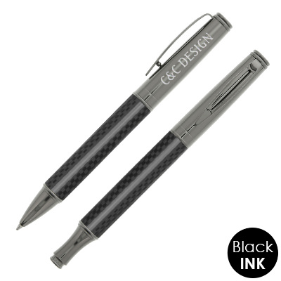Gunmetal writing set with engraved custom logo.