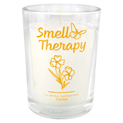 Clear glass candle with a branded imprint.