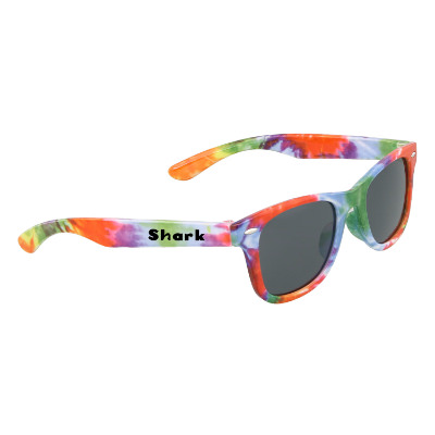 Tie dye plastic sunglasses with a personalized logo.