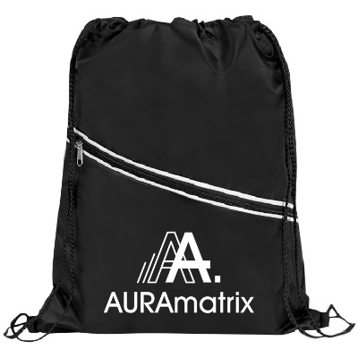 Polyester orange and black drawstring bag with custom logo and front zippered pockets.