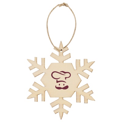 Wood ornament with a branded logo