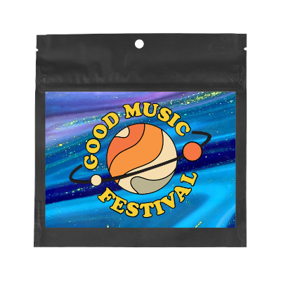 Black barrier bag with custom full color imprint.