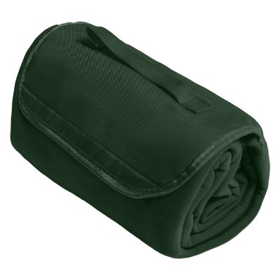 Red sweatshirt blanket that can fold within itself with attached handle.