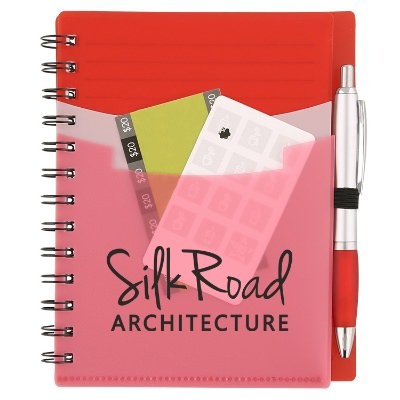 Polyurethane red 3 pocket notebook with satin pen and imprint.