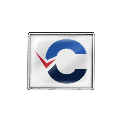 Silver brass lapel pin with a branded imprint.