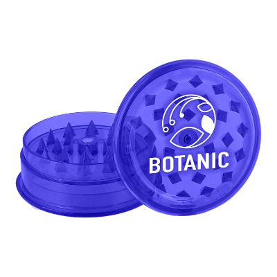 Blue plastic grinder with custom logo.