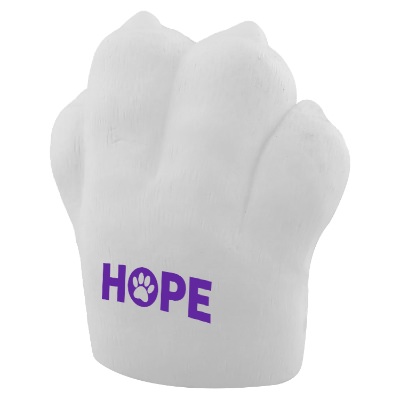 White with black foam stress ball with a custom logo.