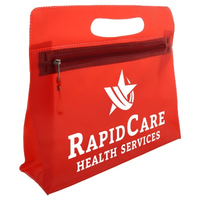Red vinyl travel kit with a custom imprint.