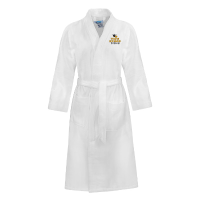 White cotton robe with custom embroidered logo.