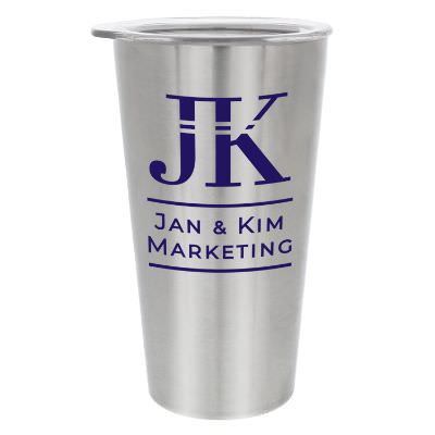 Silver tumbler with custom logo.