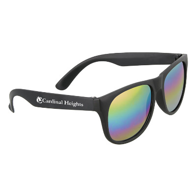 Black plastic sunglasses with a custom logo.