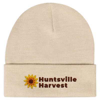 Embroidered cream custom knit beanie.