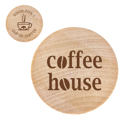 Natural wooden nickel with a custom logo.
